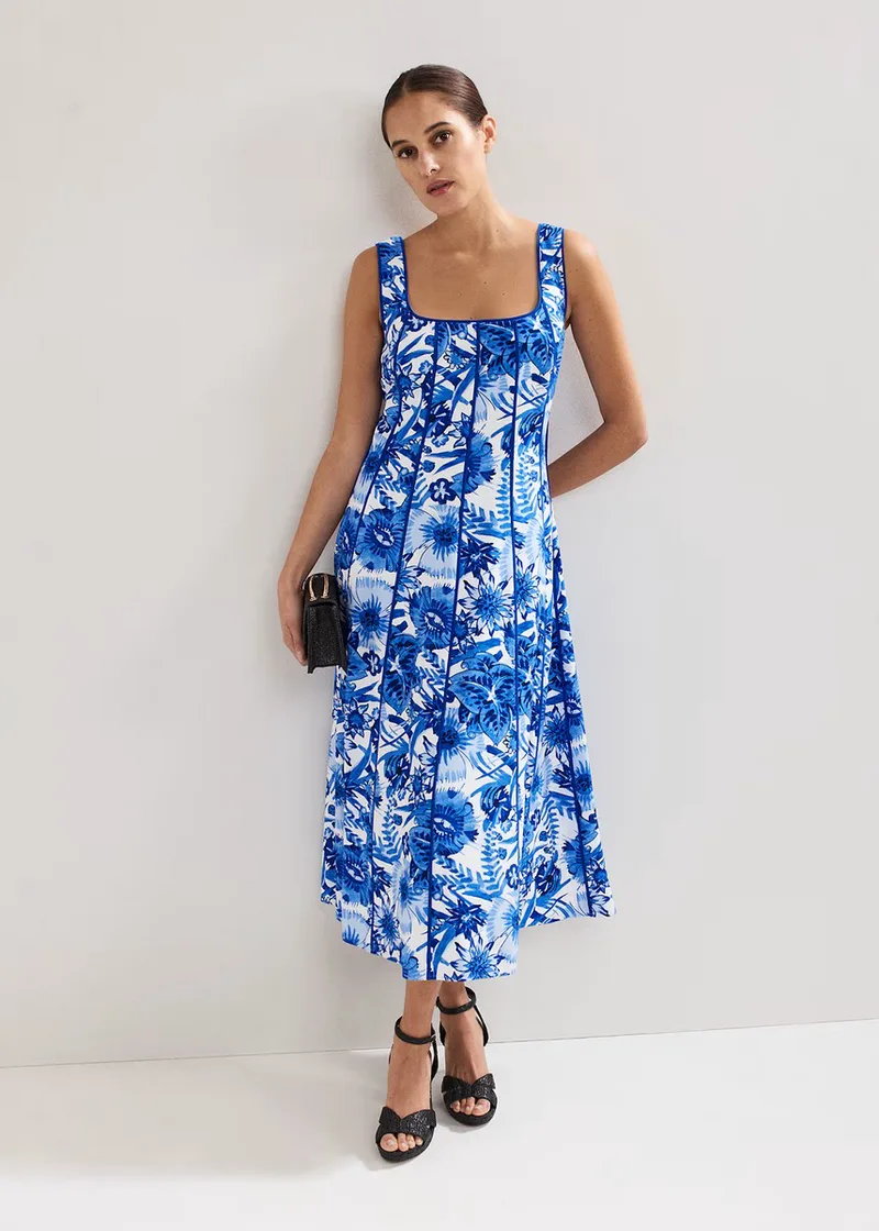Phase Eight Γυναικείο Midi Φόρεμα με Floral Μοτίβο και Λεπτομέρεια Piping Regular Fit σε Μπλε