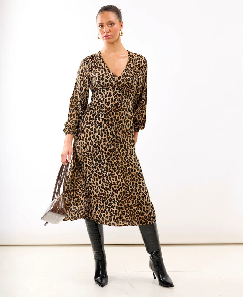 Brown Animal Printed Long Sleeve Midi Dress | Size: 10