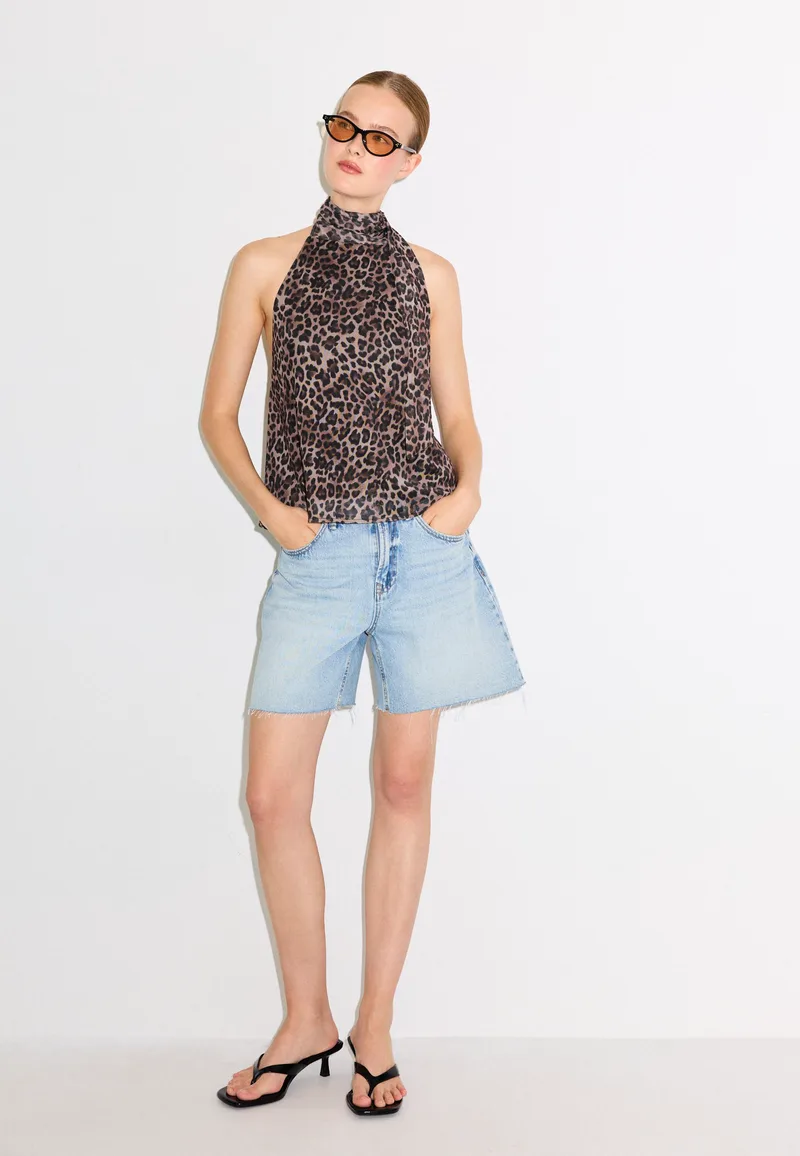 Stradivarius Τοπ Halter Από Τούλι Με Στάμπα Και Λαιμόκοψη Μεσαίο Μπεζ S