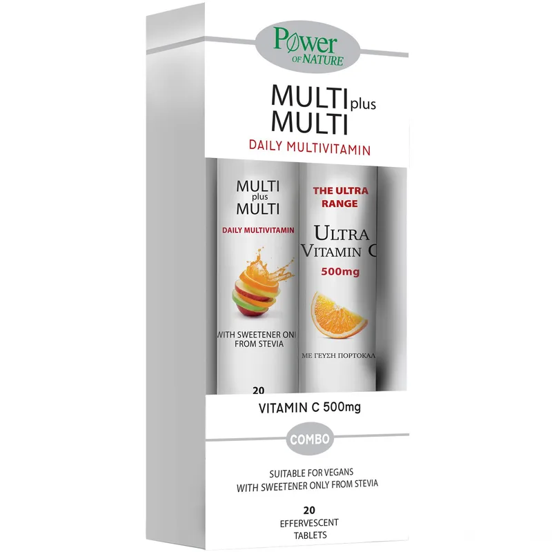 Power Health Promo Multi Plus Multi 20 Effer.tabs & Ultra Vitamin C 500mg, 20 Effer.tabs,Συμπλήρωμα Διατροφής Πολυβιταμινών, Μετάλλων & Ιχνοστοιχείων για Ενέργεια Κατά της Κούρασης & Κόπωσης με Γεύση Ροδάκινο & Συμπλήρωμα Διατροφής Βιταμίνης C για Εν