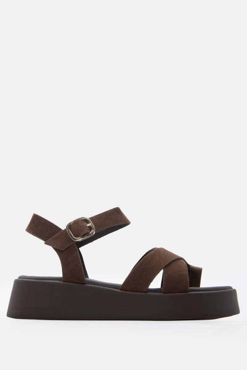 LUIGI DESIGN -Δερμάτινα Σανδάλια Flatform με Χιαστί Λουράκια - Καφέ Σκούρο