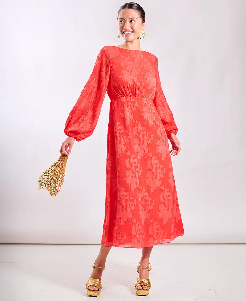 Coral Long Sleeve Jacquard Midi Dress | Size: 16