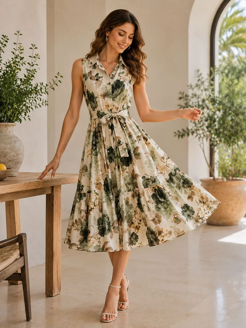 Maxi Φλοράλ Φόρεμα με Γιακά και Ζώνη - Χακί | Dress Up Χακί