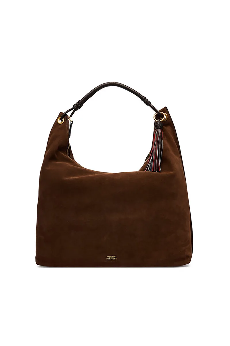 Tommy Hilfiger γυναικεία τσάντα suede ώμου hobo με μεταλλικό λογότυπο "TH Statement" - AW0AW18403 Καφέ