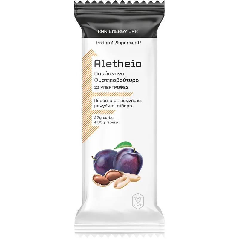 Vican Aletheia Raw Energy Bar Φυσική Ακατέργαστη Μπάρα Υψηλής Ενεργειακής Απόδοσης με 12 Υπερτροφές, Βιταμίνες, Καλά Λιπαρά, Μέταλλα & Ιχνοστοιχεία με Γεύση Δαμάσκηνο & Φυστικοβούτυρο 50g
