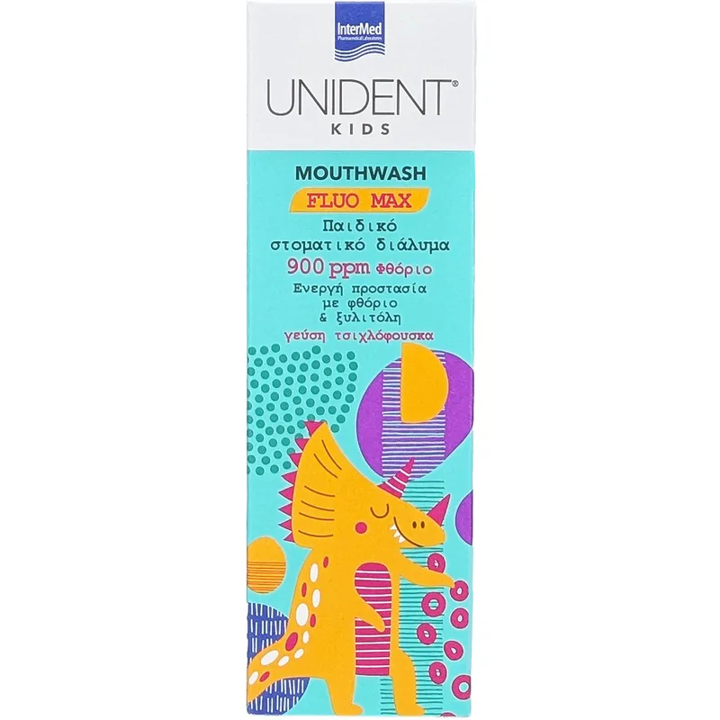 Intermed Unident Kids Fluo Max Mouthwash Παιδικό Στοματικό Διάλυμα Εντατικής Φροντίδας με Υπέροχη Γεύση Τσιχλόφουσκα 250ml