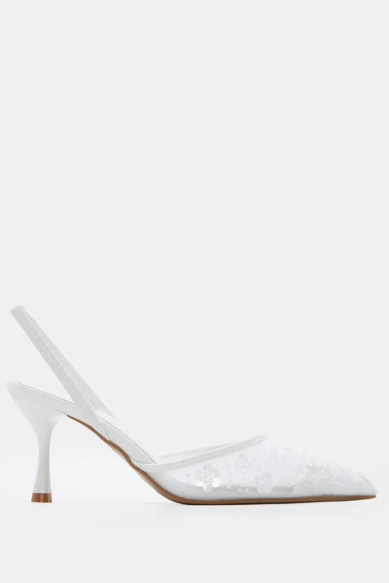 Γόβες Μυτερές Slingback με Διακοσμητικά - Λευκό