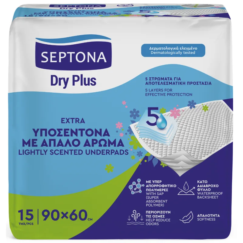 Septona Υποσέντονα Dry Plus Με Άρωμα, Μιας Χρήσης 15τεμ (60Χ90)