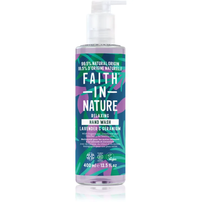 Faith In Nature Lavender & Geranium φυσικό ρευστό σαπούνι για τα χέρια με άρωμα λεβάντας 400 ml