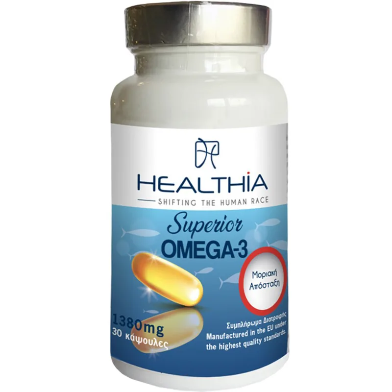 Healthia Superior Omega 3 1380mg Συμπλήρωμα Διατροφής Ιχθυελαίου Πλούσιο σε Ω3 & Βιταμίνη Ε για την Υποστήριξη της Καλής Λειτουργίας του Εγκεφάλου, της Όρασης & της Καρδιάς 30caps