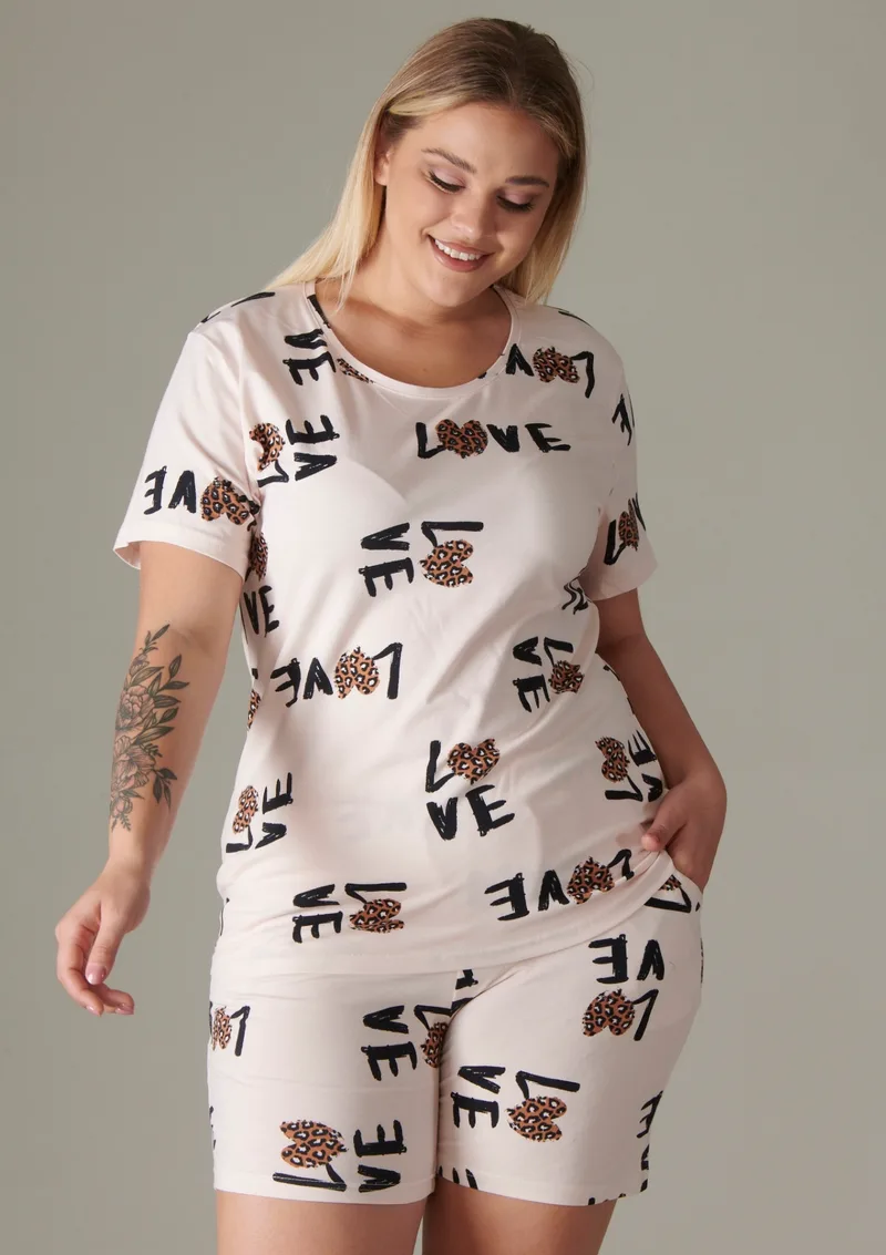 Plus Size Βαμβακερή Πιτζάμα Εκρού - Εκρού