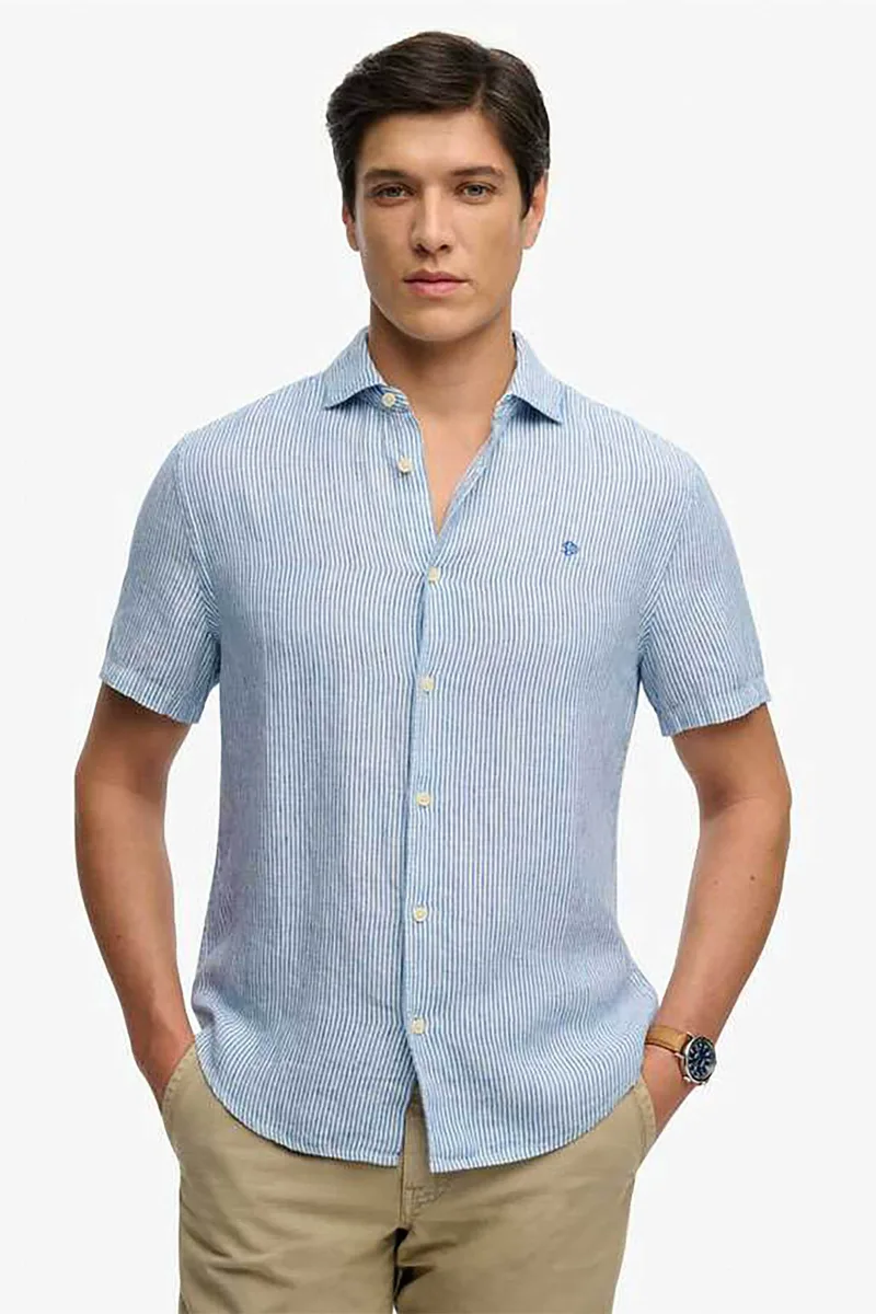 Superdry ανδρικό λινό πουκάμισο με κεντημένο λογότυπο Relaxed Fit "Riviera" - M4011104A Μπλε Ανοιχτό