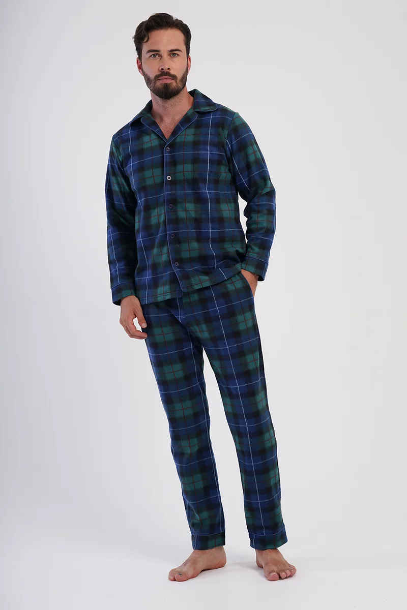 Vienetta Man Ανδρική χειμερινή fleece πυτζάμα κουμπωτή καρό-161837