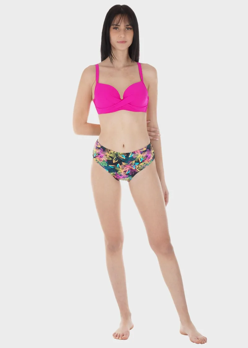 Γυναικείο σετ μαγιό bikini ενσωματωμένη ενίσχυση slip all print.Καλύπτει D-E CUP ΦΟΥΞΙΑ
