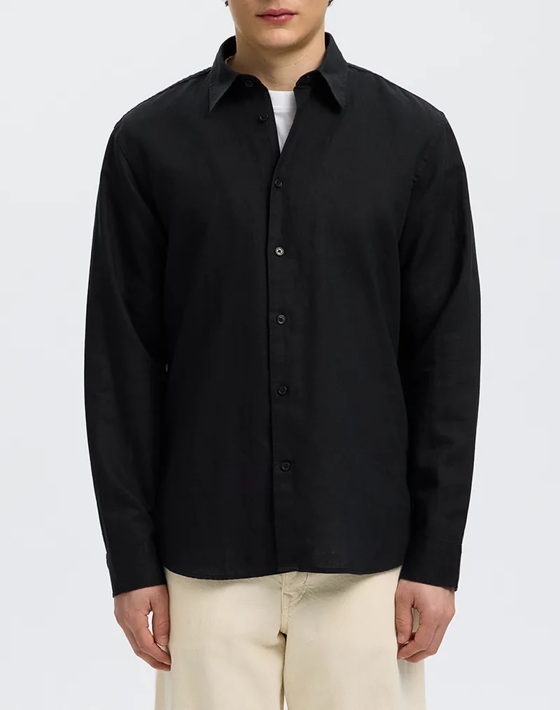 SELECTED SLMREGCLAUS CLAY LINENBLEND LS SHT NOOS 16100084-BLACK Black