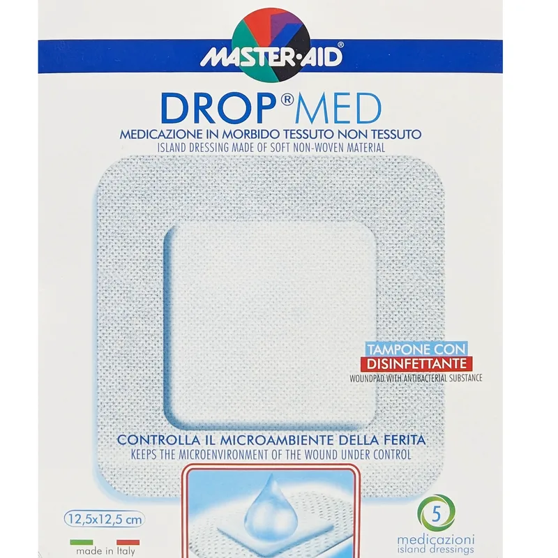 Master Aid Drop Med Woundpad with Antibacterial Substance 12.5x12.5cm Αυτοκόλλητες, Αντικολλητικές Γάζες Εμποτισμένες με Απολυμαντικό 5 Τεμάχια