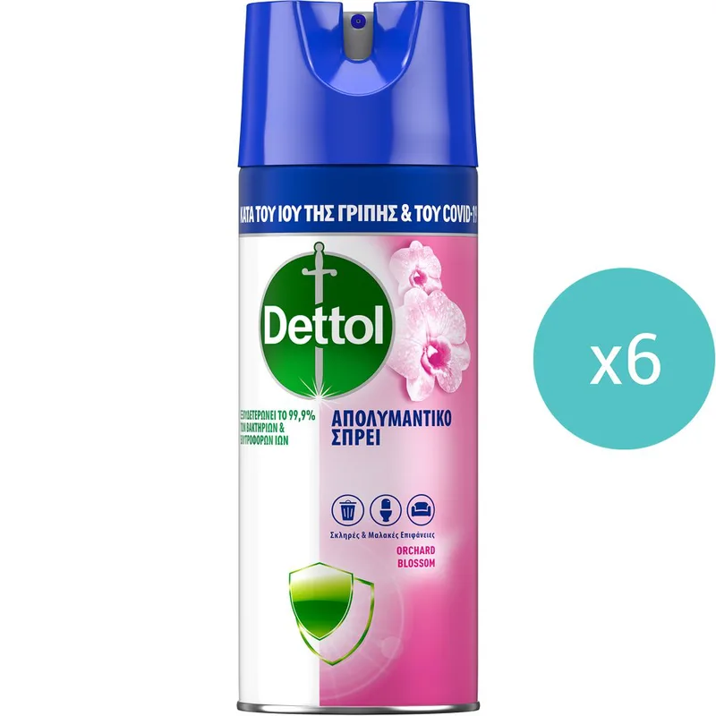 Σετ Dettol All in One Orchard Blossom Spray Απολυμαντικό Αντιβακτηριδιακό Σπρέι για Σκληρές & Μαλακές Επιφάνειες με Άρωμα Άνθους Φρούτων 2.400ml (400mlx6)