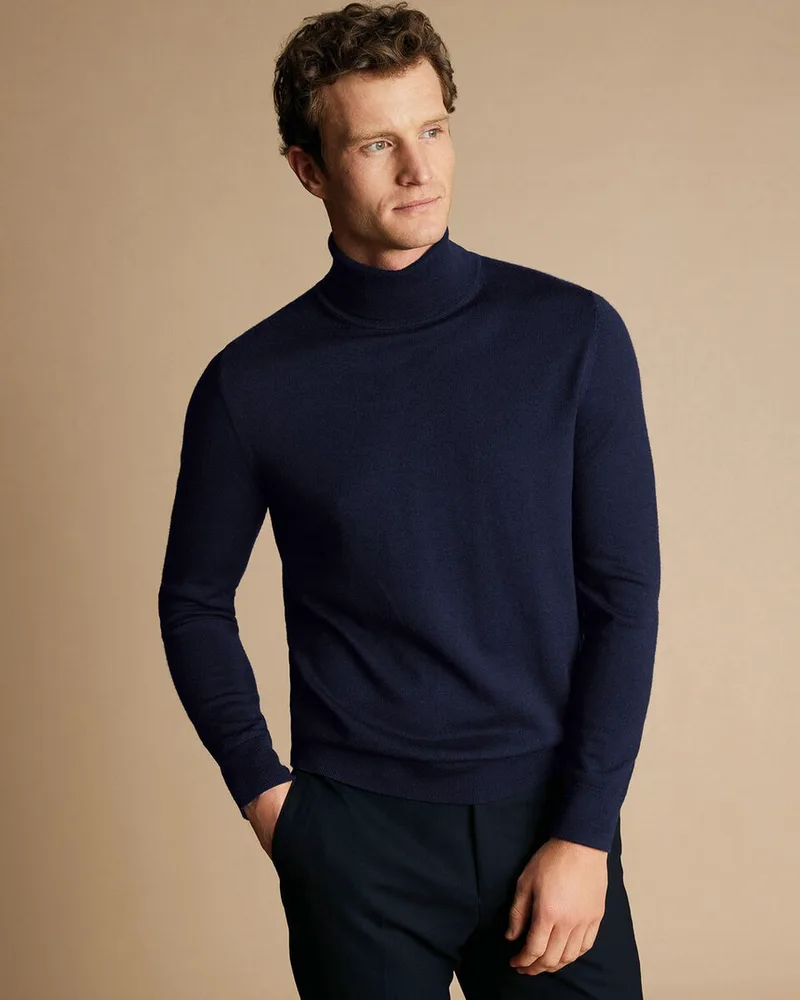 Charles Tyrwhitt Ανδρικό Πλεκτό Merino με Λαιμόκοψη Ζιβάγκο σε Μπλε