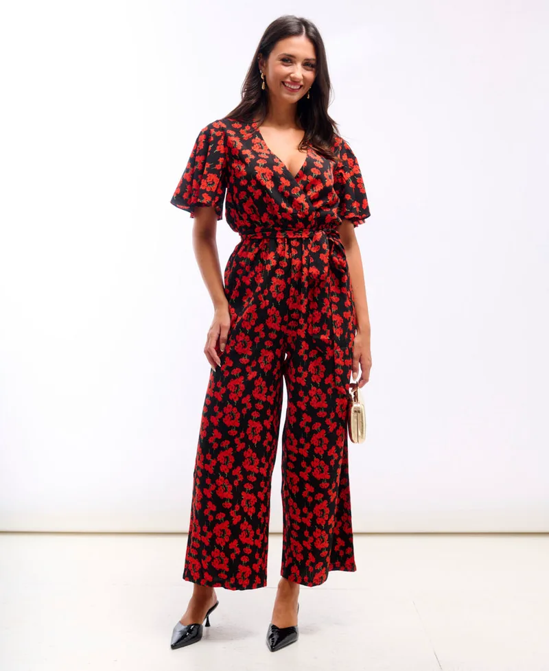 Red Floral Flutter Sleeve Jumpsuit | Clothing Size: 12