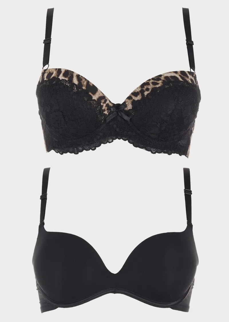 Γυναικείο σουτιέν balconette animal print & basic bra.Kαλύπτει Β CUP ΜΑΥΡΟ