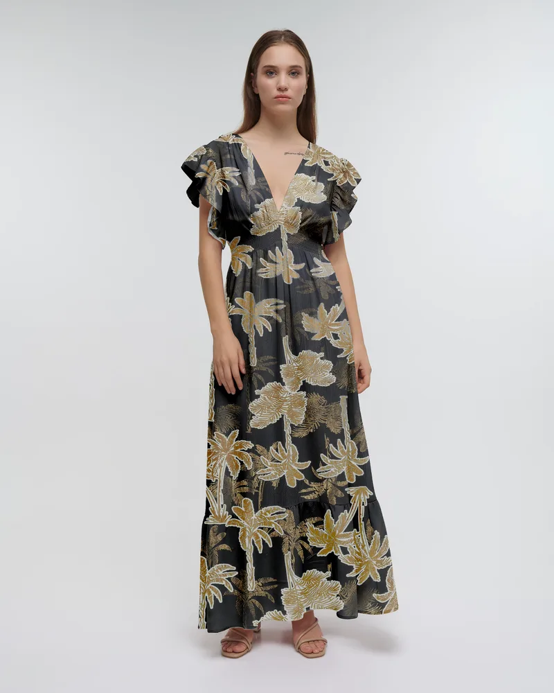 Φόρεμα BLE Maxi Tropical Print Με Βολάν Μανίκια