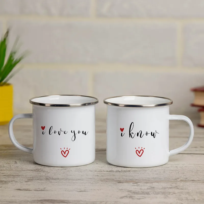 I love you .... I know - Κούπες Vintage Eμαγιέ - Λευκό