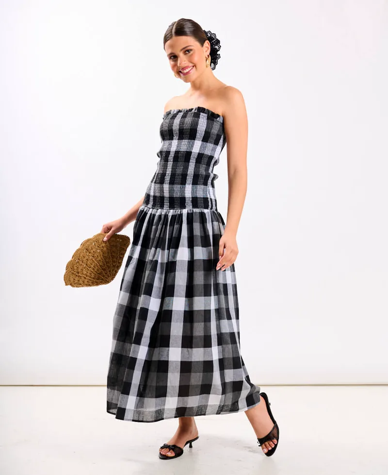 Black Check Drop Waist Midi Dress | Clothing Size: 18