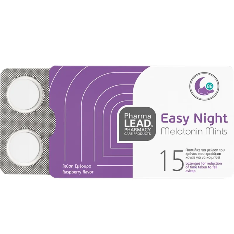 Pharmalead Easy Night Melatonin Mints Συμπλήρωμα Διατροφής Μελατονίνης & Βιταμίνης Β6 για Γρηγορότερο, Ποιοτικότερο Ύπνο & Αντιμετώπιση του Jet Lag με Γεύση Σμέουρο 15 Lozenges