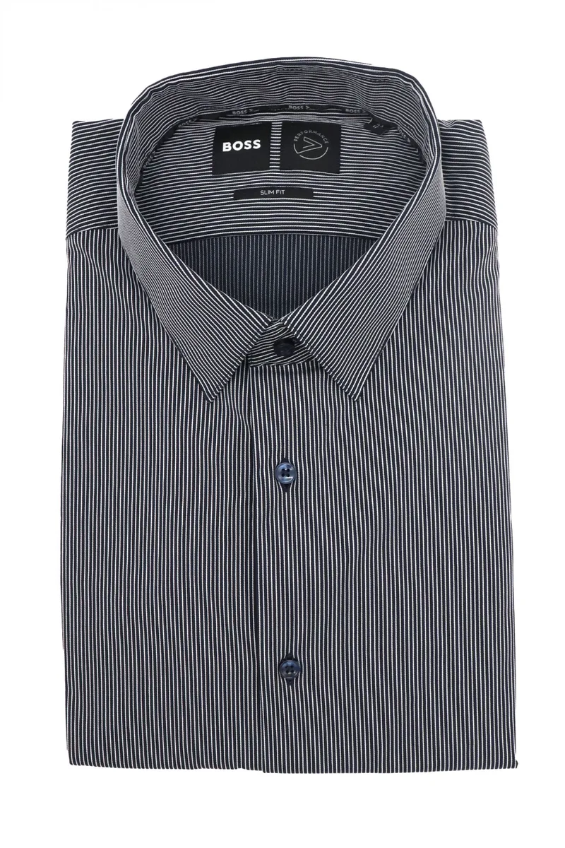 BOSS PERFORMANCE ΠΟΥΚΑΜΙΣΟ ΡΙΓΕ SLIM FIT P-HANK-S-KENT-C1-222 ΜΠΛΕ-ΛΕΥΚΟ