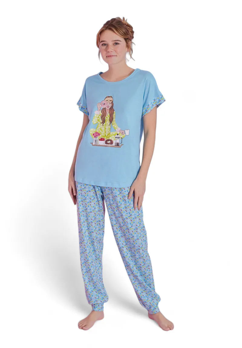 Πιτζάμα γυναικεία μακρύ παντελόνι PijaMood Donut Blue PJMD12534-Γαλάζιο