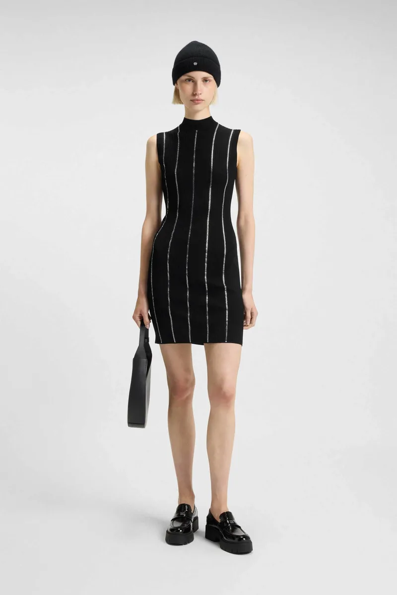 Hugo Boss γυναικείο πλεκτό mini φόρεμα αμάνικο με ρίγες από στρας Slim Fit "Sbonny" - 50548258 Μαύρο