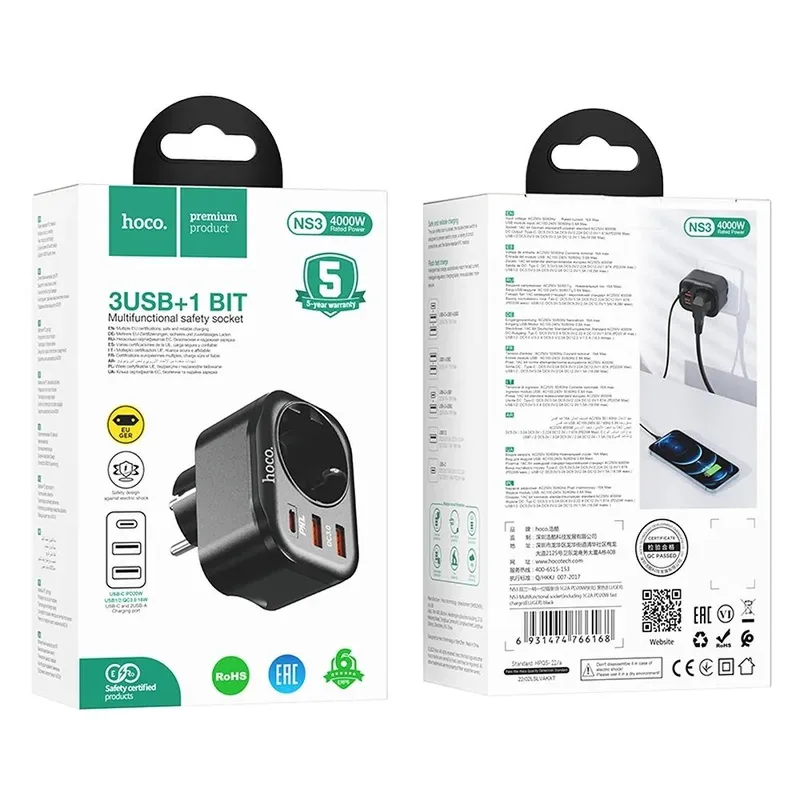 Φορτιστής HOCO USB-C PD & 2 x USB 5V/3A QC3.0 NS3 4000W Black