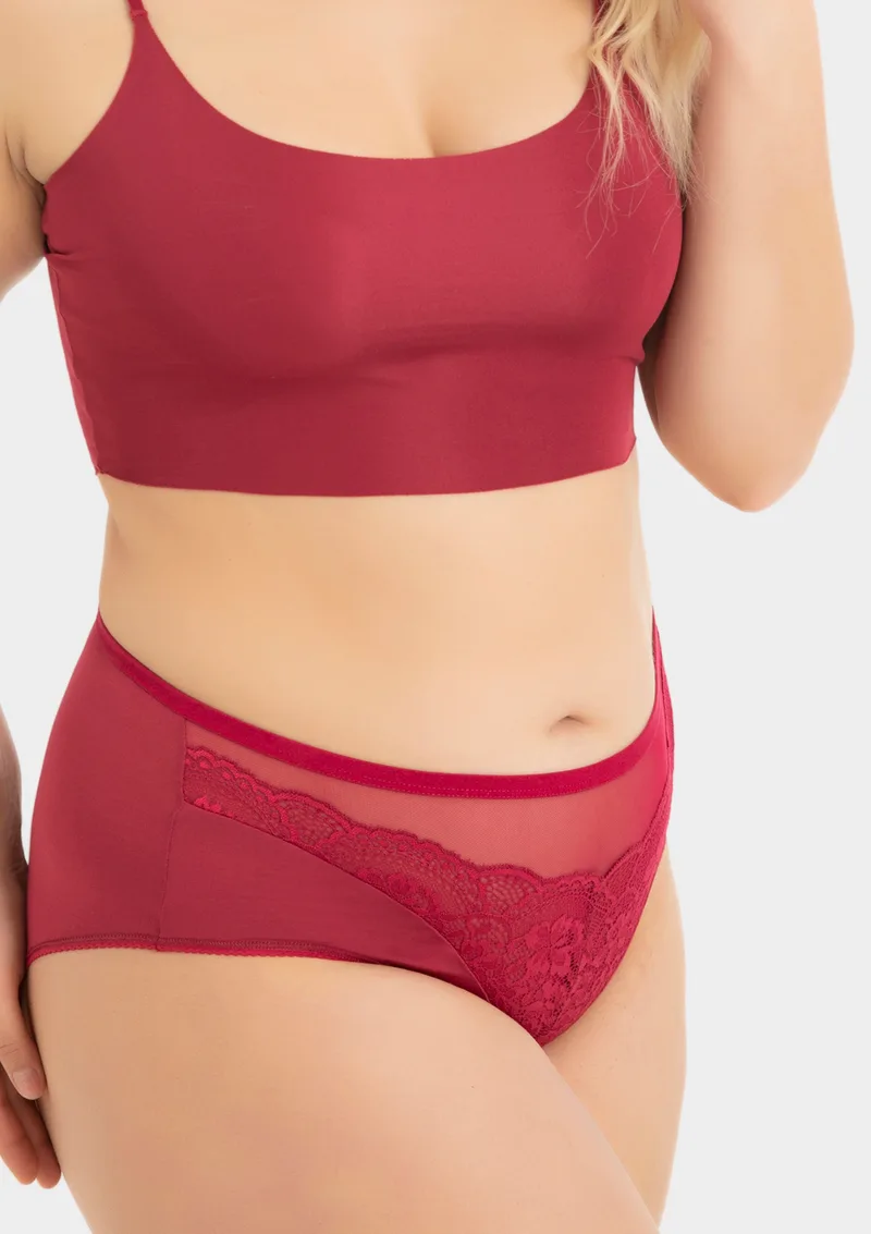 Plus Size Σλιπ Με Διαφάνεια και Δαντέλα - Κερασί
