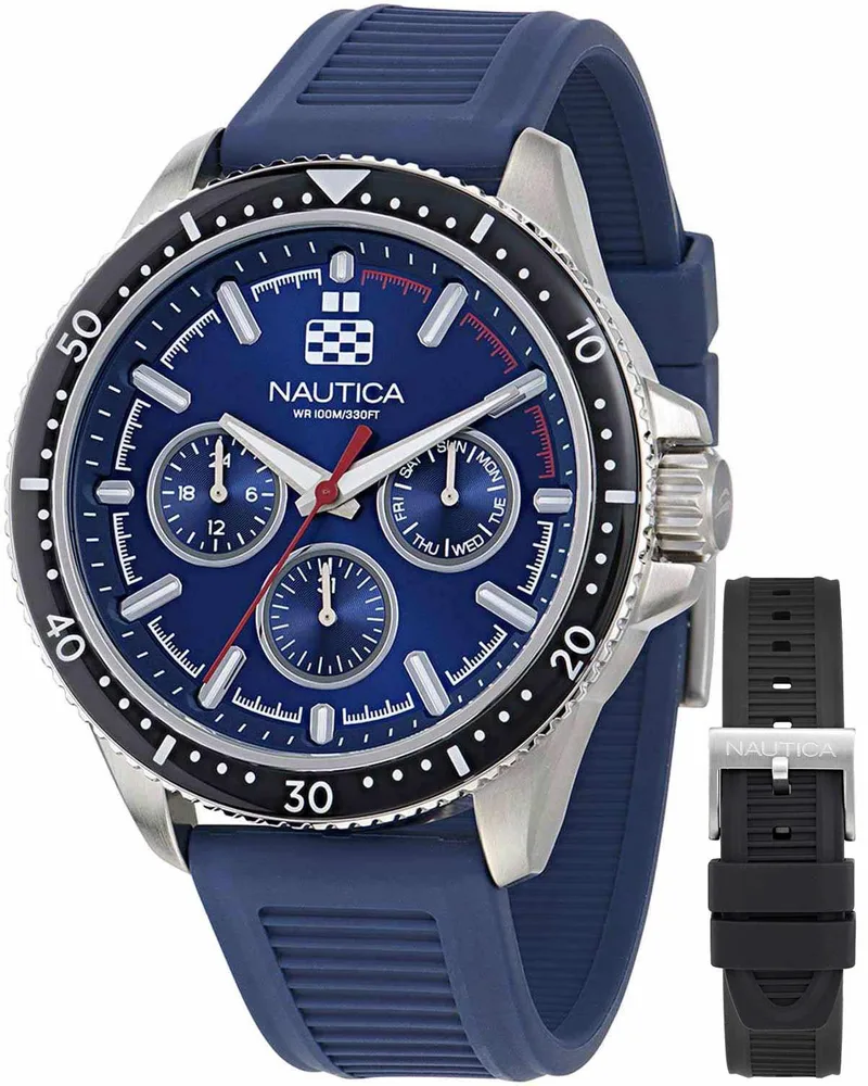NAUTICA NCT Windrose Gift Set - NAPWRF409 Silver case with Blue Rubber Strap