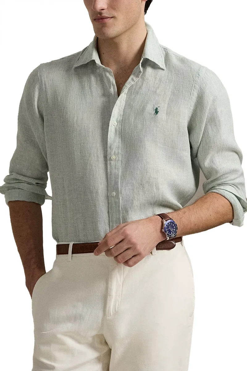RALPH LAUREN ΠΟΥΚΑΜΙΣΟ BUTTON DOWN ΡΙΓΕ ΛΙΝΟ CUSTOM FIT ΠΡΑΣΙΝΟ-ΛΕΥΚΟ