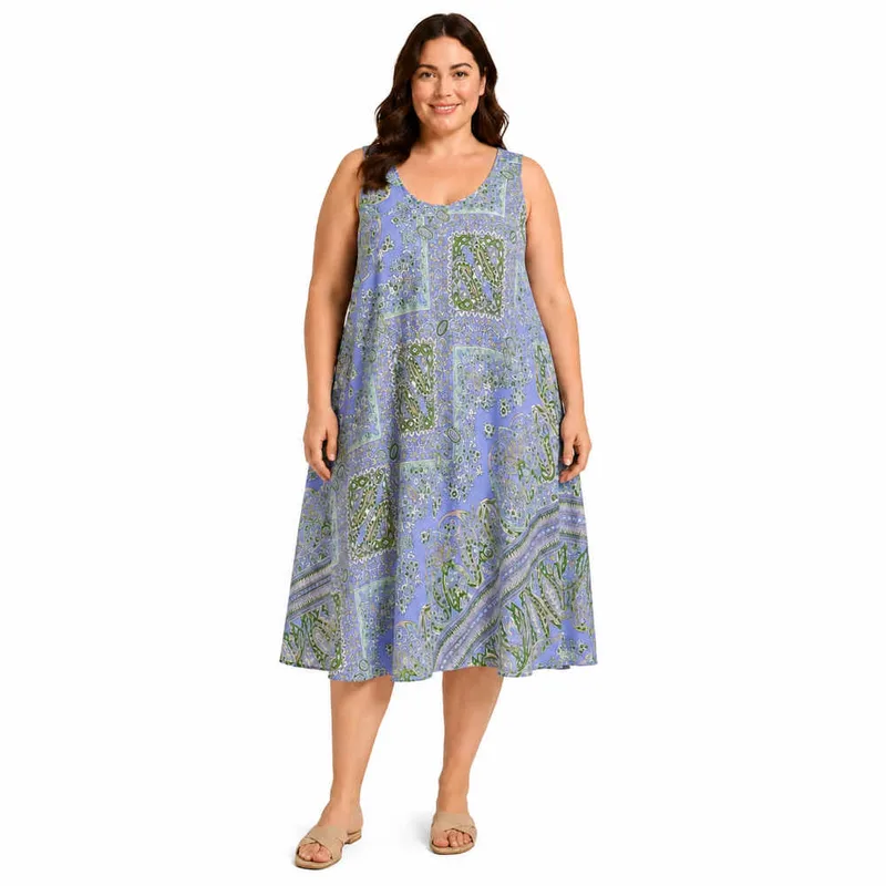 Plus Size Midi Φόρεμα με Λαχούρι Μοτίβο Γαλάζιο 27349