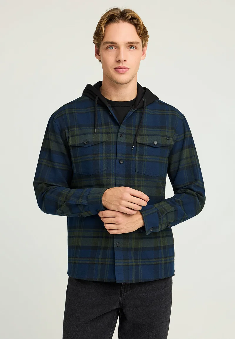 Ανδρικό overshirt καρό πουκάμισο με κουκούλα