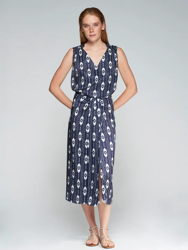 Vilagallo Γυναικεία Φούστα Midi με Jacquard Ikat Print Regular Fit σε Μπλε