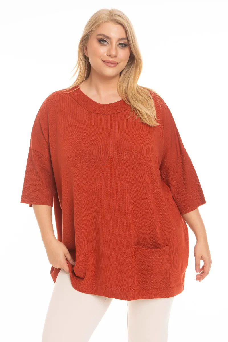 Πλεκτή oversized μπλούζα με τσέπη σε χρώμα εκάι