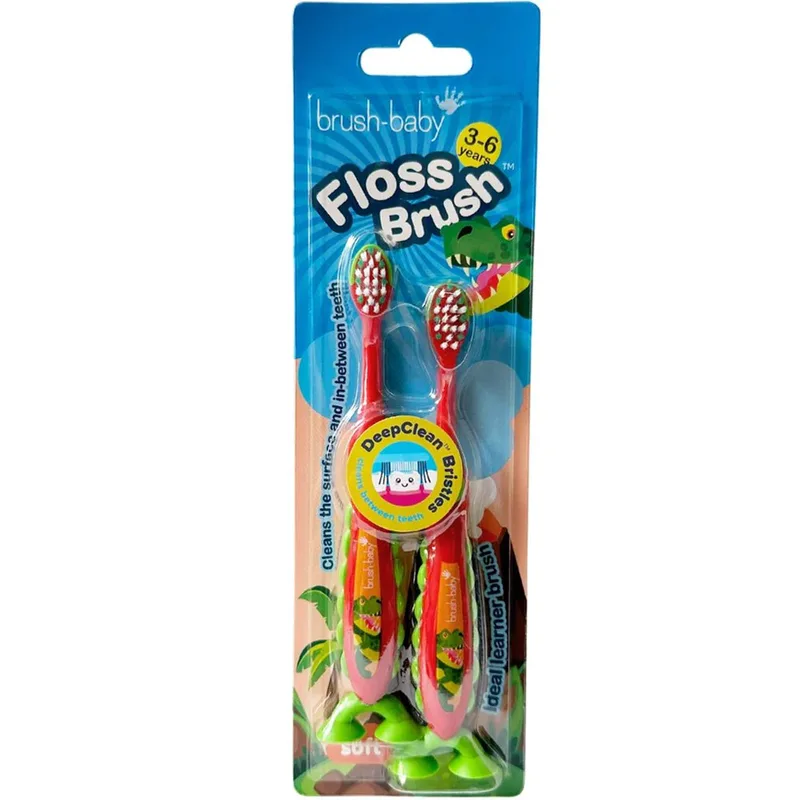 Brush-Baby Floss Brush Kids Toothbrush 3-6 Years Παιδική Οδοντόβουρτσα για Παιδιά από 3-6 Ετών, 2 Τεμάχια - Δεινόσαυρος