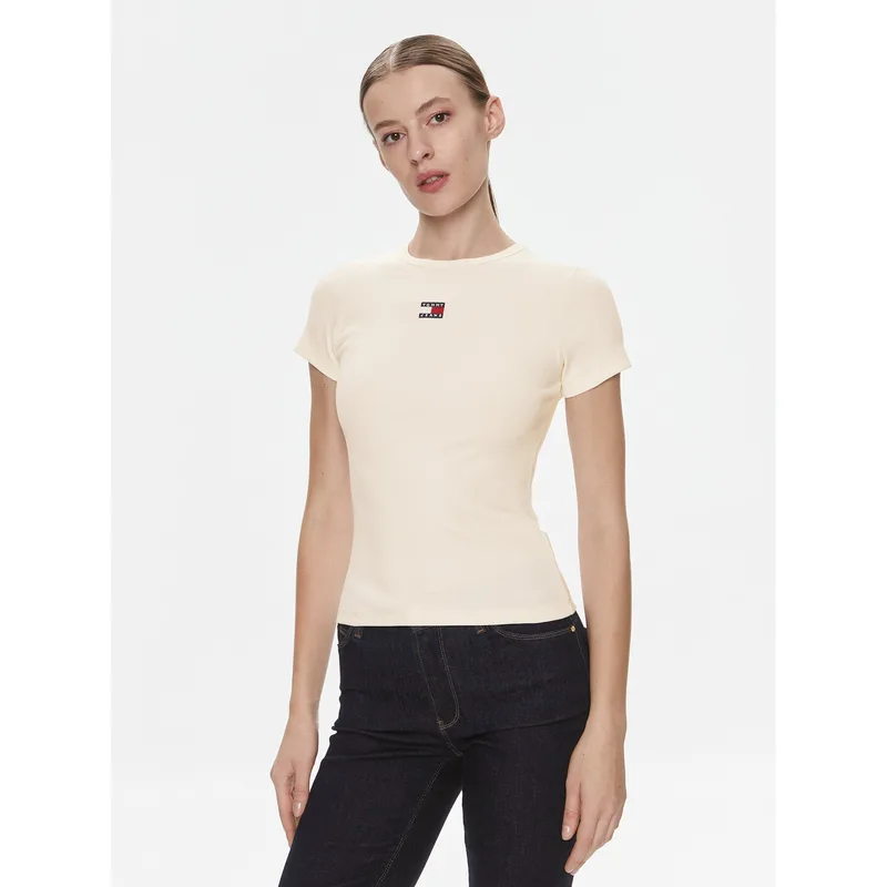 Tommy Jeans T-Shirt Badge DW0DW17881 Κρεμ Slim Fit