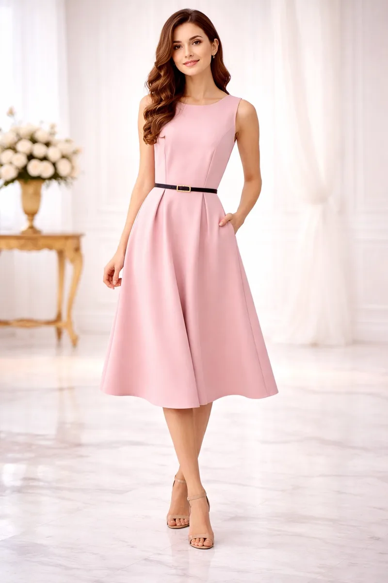 Ροζ Midi Φόρεμα σε Α-Γραμμή με Ζώνη | Dress Up Ροζ