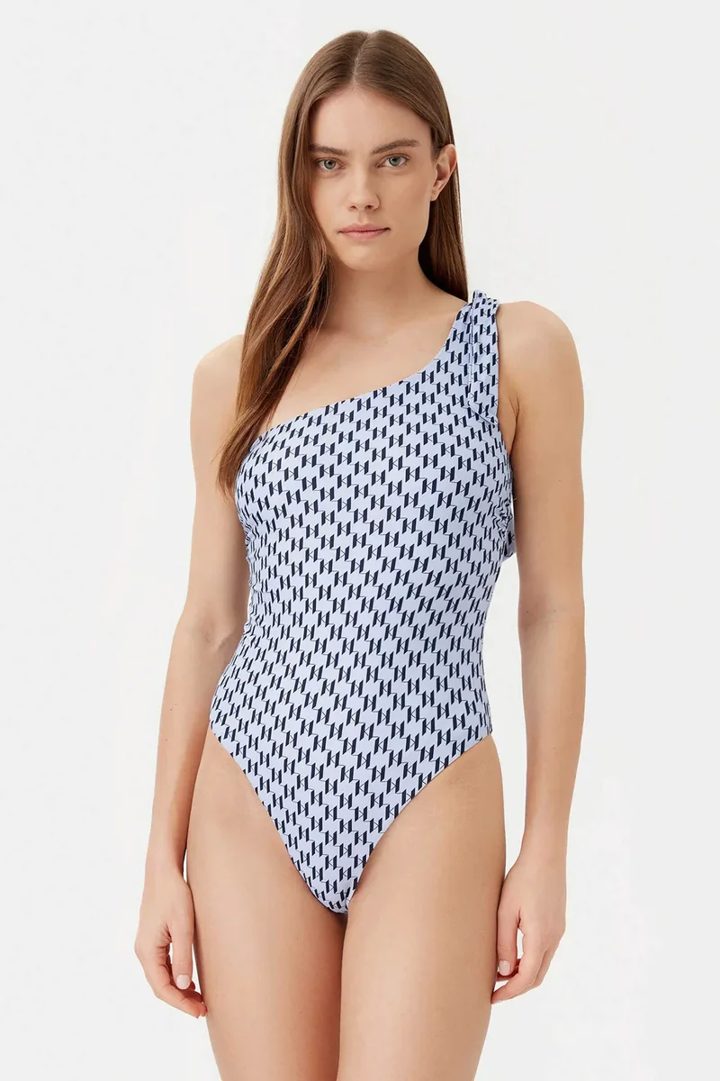 Karl Lagerfeld γυναικείο μαγιό ολόσωμο με έναν ώμο και all-over monogram print - A1W46043 Σιελ