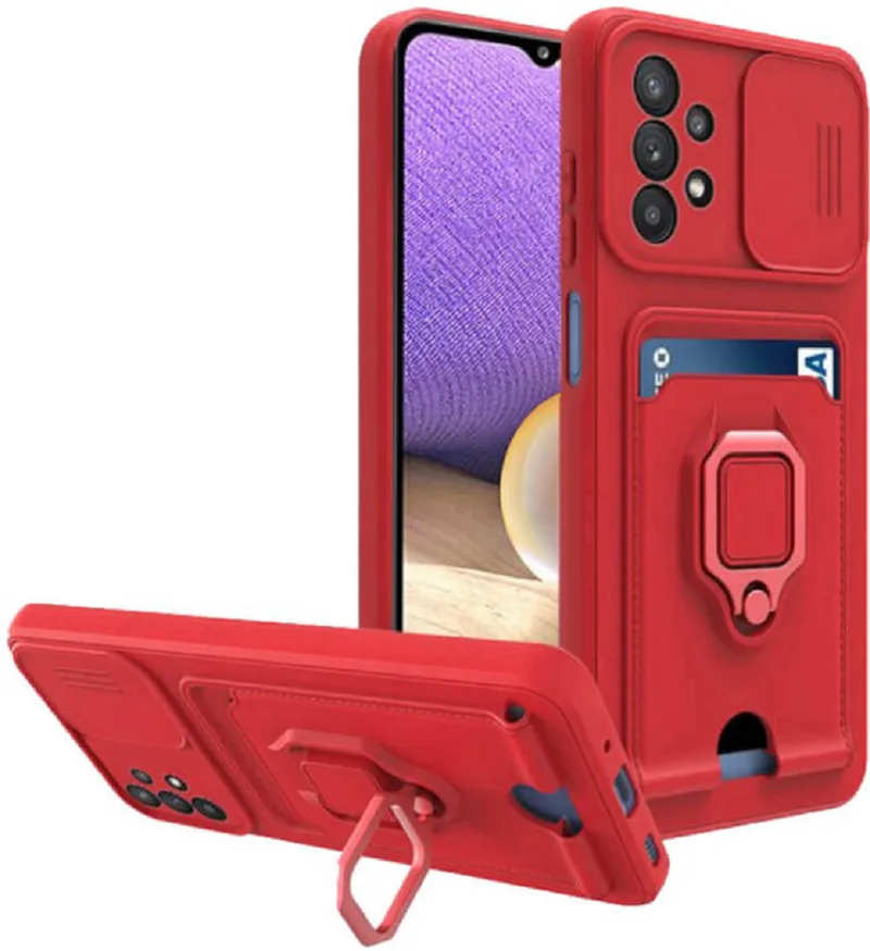 Bodycell Multifunction - Ανθεκτική Θήκη Samsung Galaxy A13 4G με Λουράκι Λαιμού / Κάλυμμα Κάμερας / Ring Holder / Υποδοχή Κάρτας - Red (5206015003998)