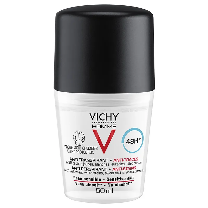 Vichy Homme Deodorant Anti-Perspirant Anti-Stains Roll-on 48h Ανδρικό Αποσμητικό, Αντιιδρωτικό Roll-on για Προστασία Έως & 48 Ώρες, Κατά των Λεκέδων στα Ρούχα 50ml