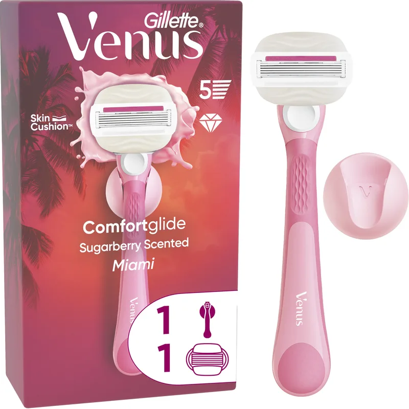 Gillette Venus ComfortGlide Miami Sugarberry Γυναικεία Ξυριστική Μηχανή με 2 Ανταλλακτικές Κεφαλές 5 Λεπίδων & Άρωμα Sugarberry για Καλύτερη Ολίσθηση & Απαλό Ξύρισμα 1 Λαβή & 1 Ανταλλακτικό & 1 Βάση Ντους