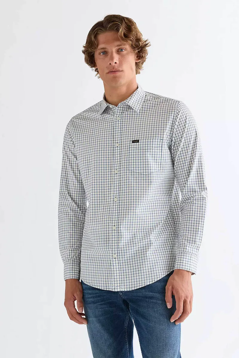 Wrangler® ανδρικό πουκάμισο με καρό σχέδιο και τσέπη Regular Fit - 112378032 Λευκό - Μπλε