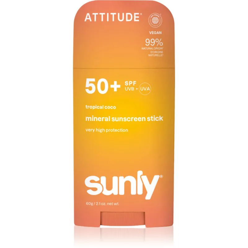 Attitude Sunly Tropical Coco μεταλλική προστατευτική κρέμα γιαι πρόσωπο και σώμα σε στικ SPF 50+ 60 γρ