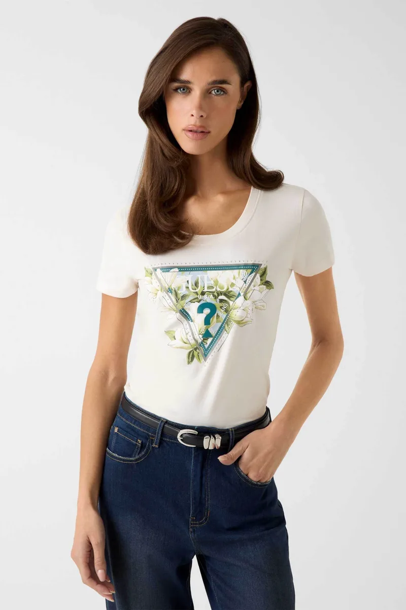 Guess γυναικείο T-shirt με ανάγλυφο λογότυπο με στρας Slim Fit - W6RI35J1314 Κρέμ