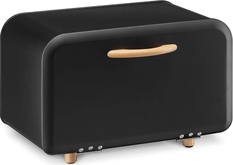 Navaris Bread Bin / Metal Bread Box - Μεταλλική Ψωμιέρα / Κουτί Αποθήκευσης Ψωμιού με Μαγνητικό Πορτάκι / Καπάκι από Ξύλο Οξιάς - Black (51503.02.01)
